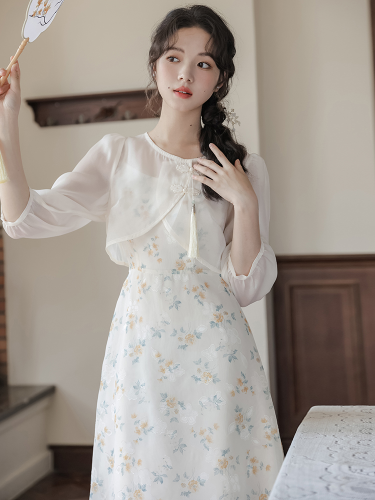 Women's Two-Piece Cami Dress Set French Style Retro A-Line Midi Dress - Image 2