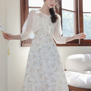 Women's Two-Piece Cami Dress Set French Style Retro A-Line Midi Dress
