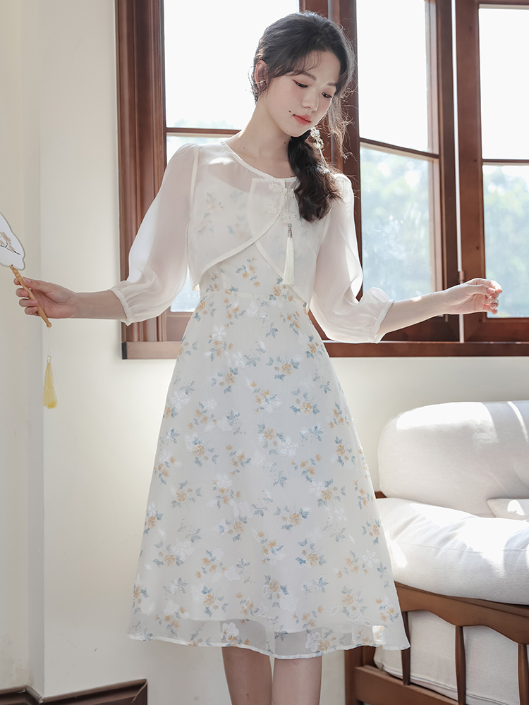 Women's Two-Piece Cami Dress Set French Style Retro A-Line Midi Dress