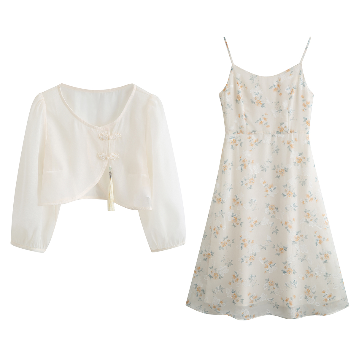 Women's Two-Piece Cami Dress Set French Style Retro A-Line Midi Dress - Image 5
