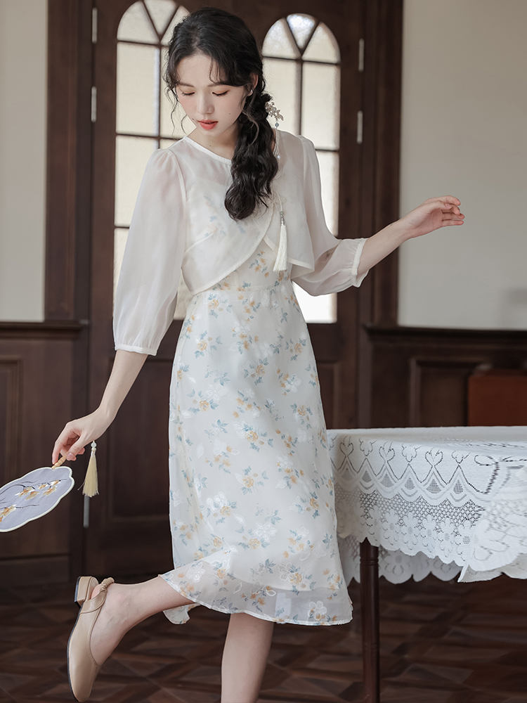 Women's Two-Piece Cami Dress Set French Style Retro A-Line Midi Dress - Image 4