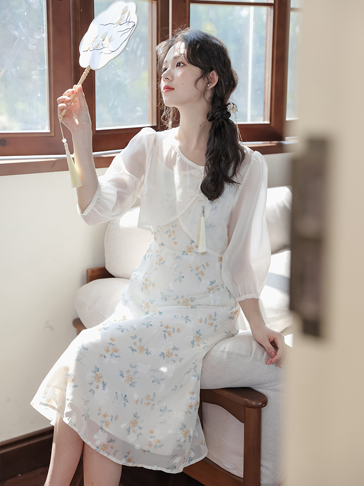 Women's Two-Piece Cami Dress Set French Style Retro A-Line Midi Dress - Image 3