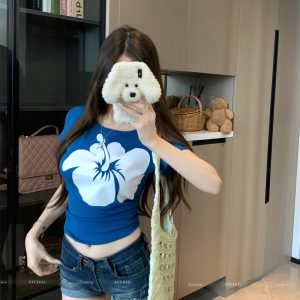 Women's Summer Printed Short Sleeve Color Block Slim Cropped T-Shirt