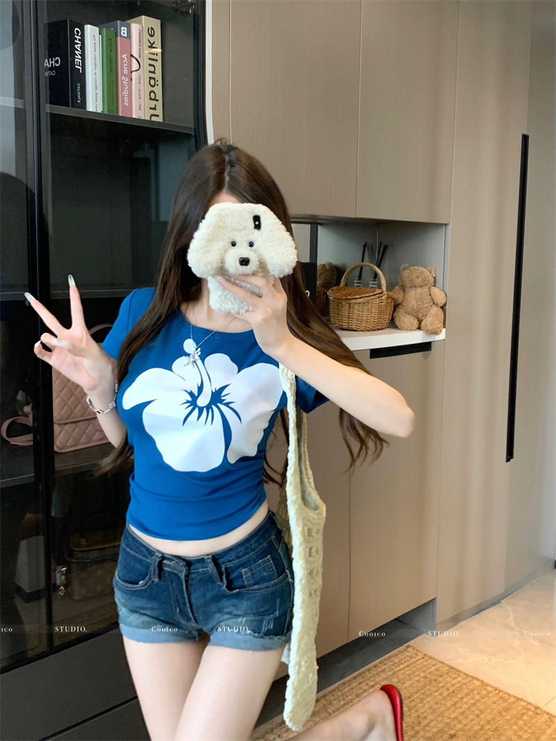 Women's Summer Printed Short Sleeve Color Block Slim Cropped T-Shirt - Image 3