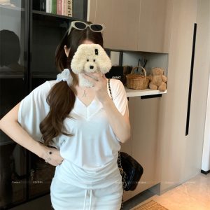 Women's V-Neck Cinched Waist Batwing Sleeve T-Shirt Loose Top Slim Fit Lazy Style Short Sleeve Summer