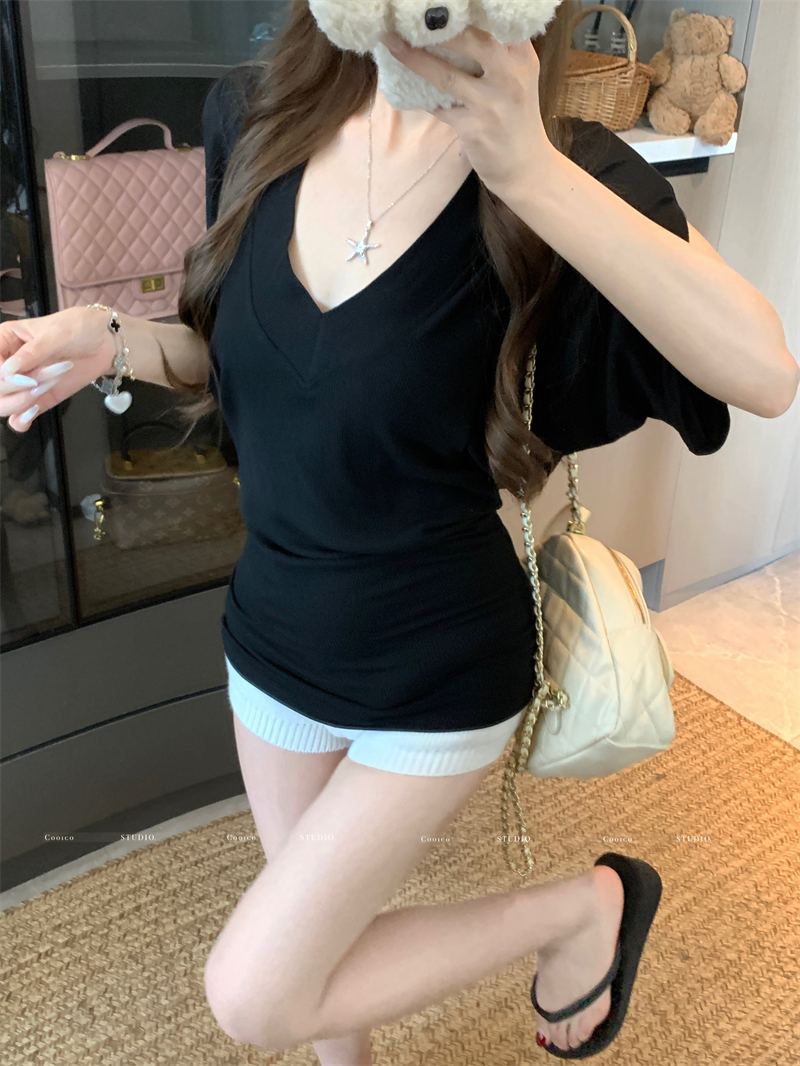 Women's V-Neck Cinched Waist Batwing Sleeve T-Shirt Loose Top Slim Fit Lazy Style Short Sleeve Summer - Image 3