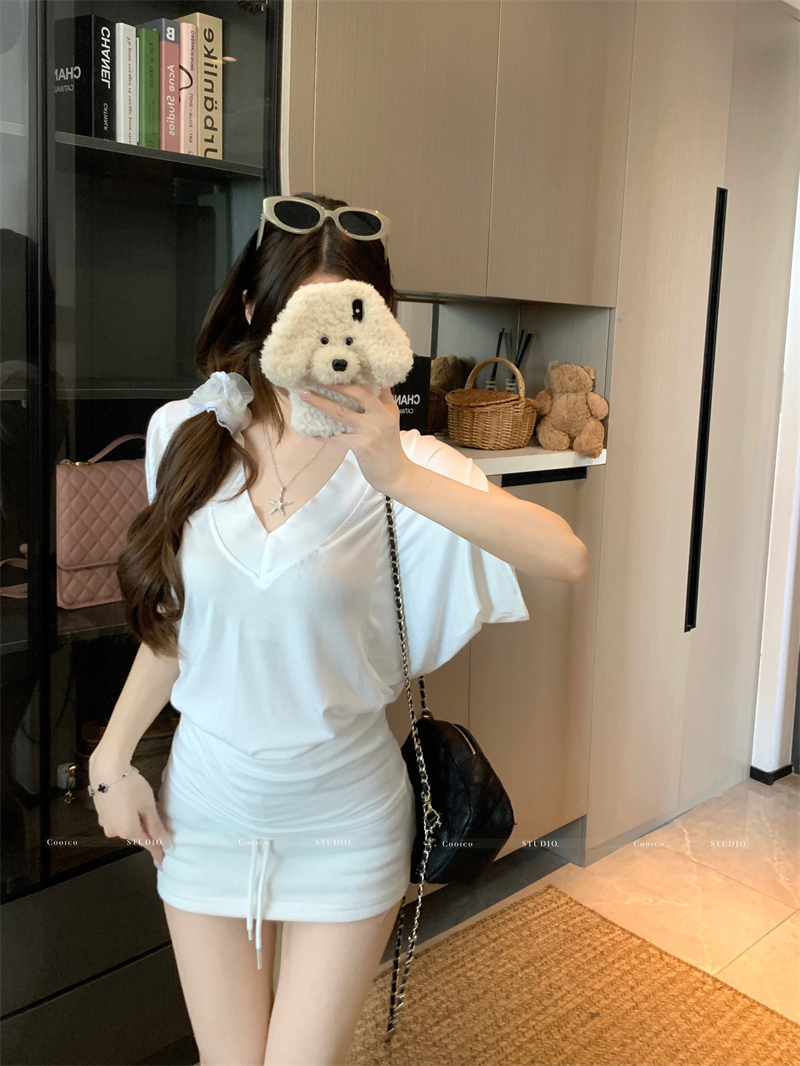 Women's V-Neck Cinched Waist Batwing Sleeve T-Shirt Loose Top Slim Fit Lazy Style Short Sleeve Summer - Image 4