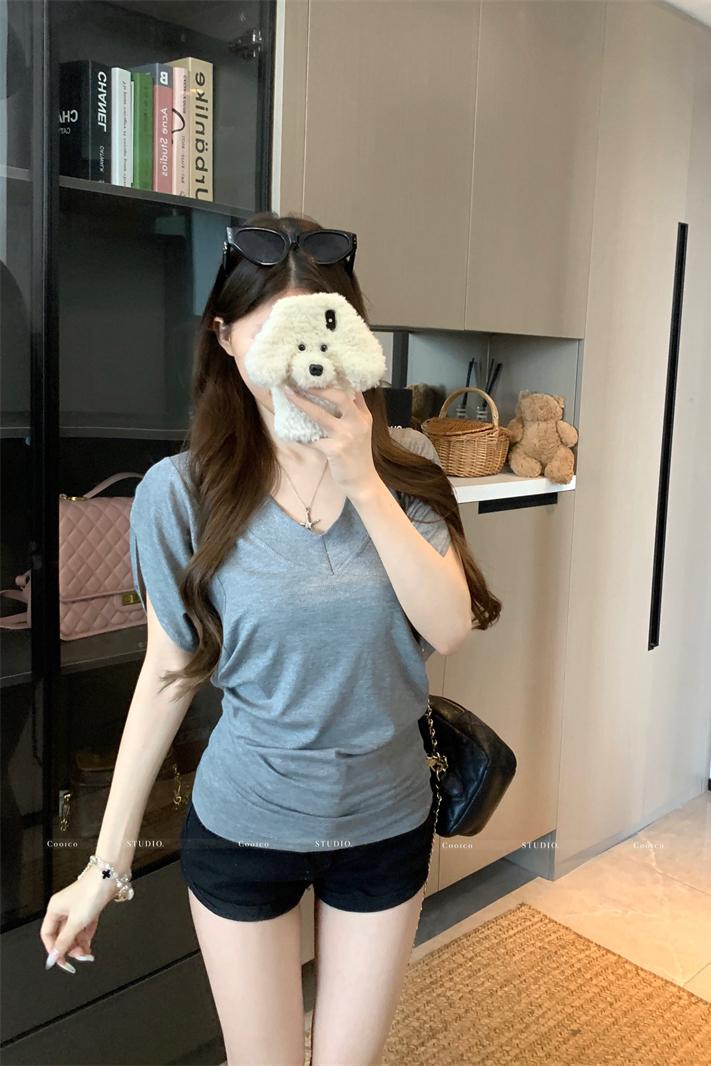 Women's V-Neck Cinched Waist Batwing Sleeve T-Shirt Loose Top Slim Fit Lazy Style Short Sleeve Summer - Image 5