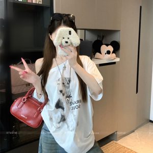 Women's Casual One-Shoulder Short-Sleeve Dog Print T-Shirt Summer Korean Loose Slimming Top