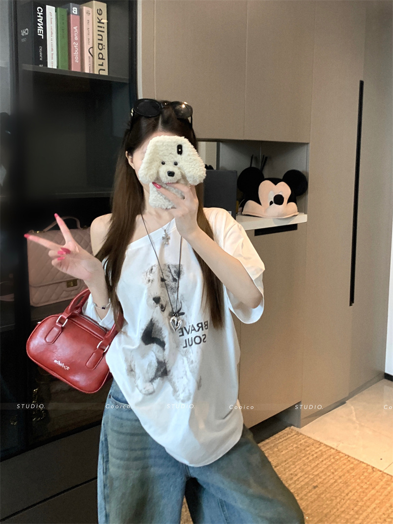 Women's Casual One-Shoulder Short-Sleeve Dog Print T-Shirt Summer Korean Loose Slimming Top