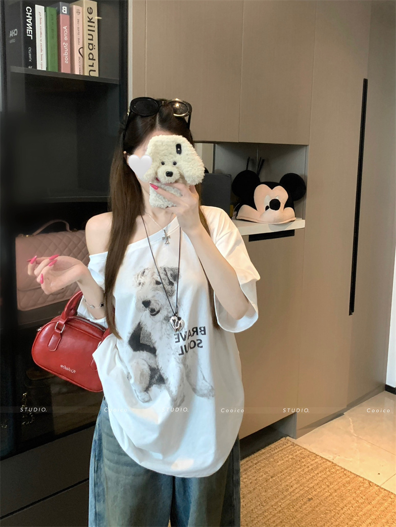 Women's Casual One-Shoulder Short-Sleeve Dog Print T-Shirt Summer Korean Loose Slimming Top - Image 3