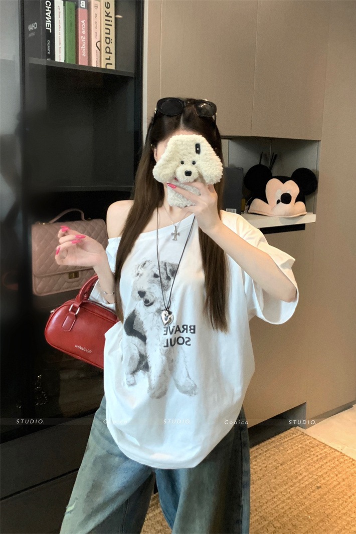 Women's Casual One-Shoulder Short-Sleeve Dog Print T-Shirt Summer Korean Loose Slimming Top - Image 5
