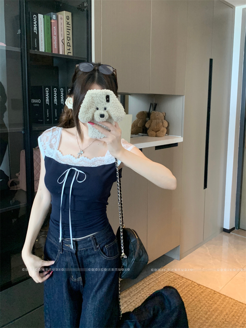Women's Lace Spliced Short Sleeve T-Shirt Summer Slim Fit Sweet Style