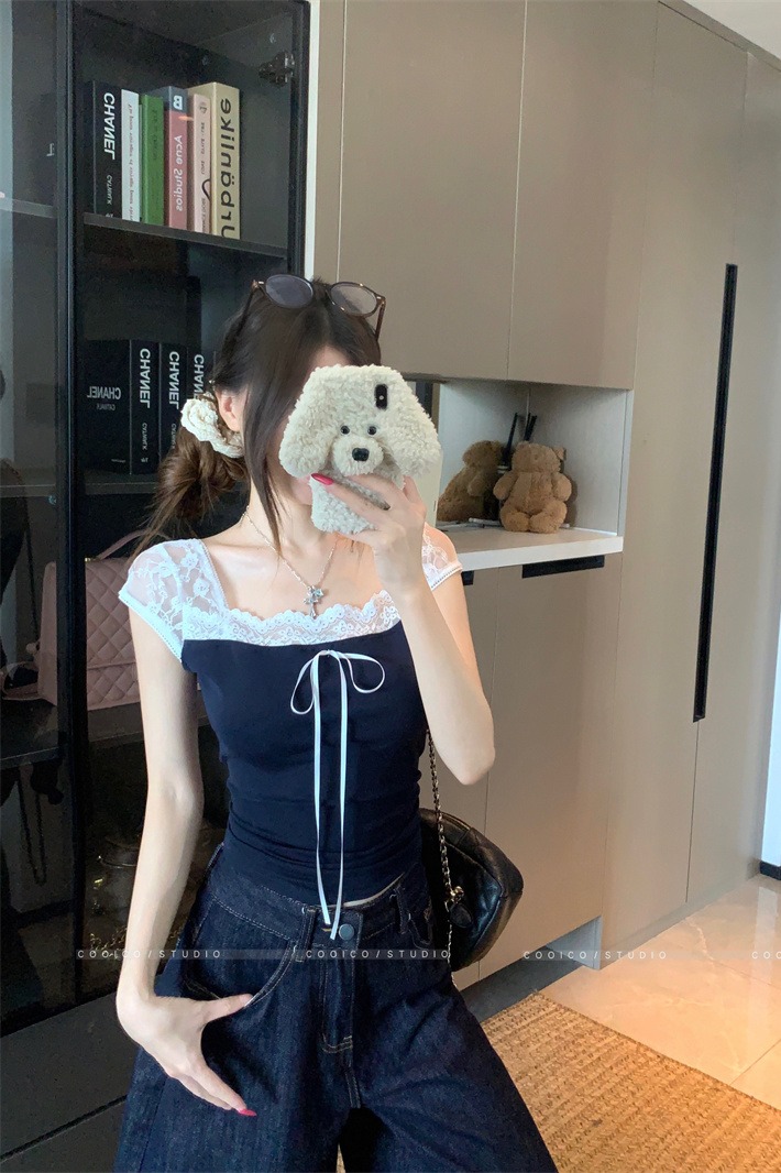 Women's Lace Spliced Short Sleeve T-Shirt Summer Slim Fit Sweet Style - Image 5