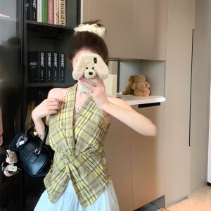 Plaid Knotted Waist Halter Top for Women