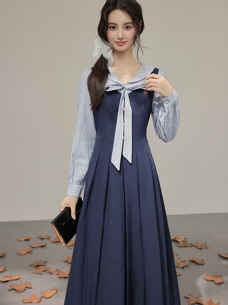 2026 Fall Preppy Bow Faux Two-Piece Shirt Dress for Women - Image 2