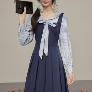 2026 Fall Preppy Bow Faux Two-Piece Shirt Dress for Women