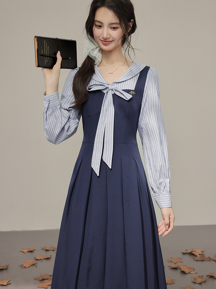 2026 Fall Preppy Bow Faux Two-Piece Shirt Dress for Women
