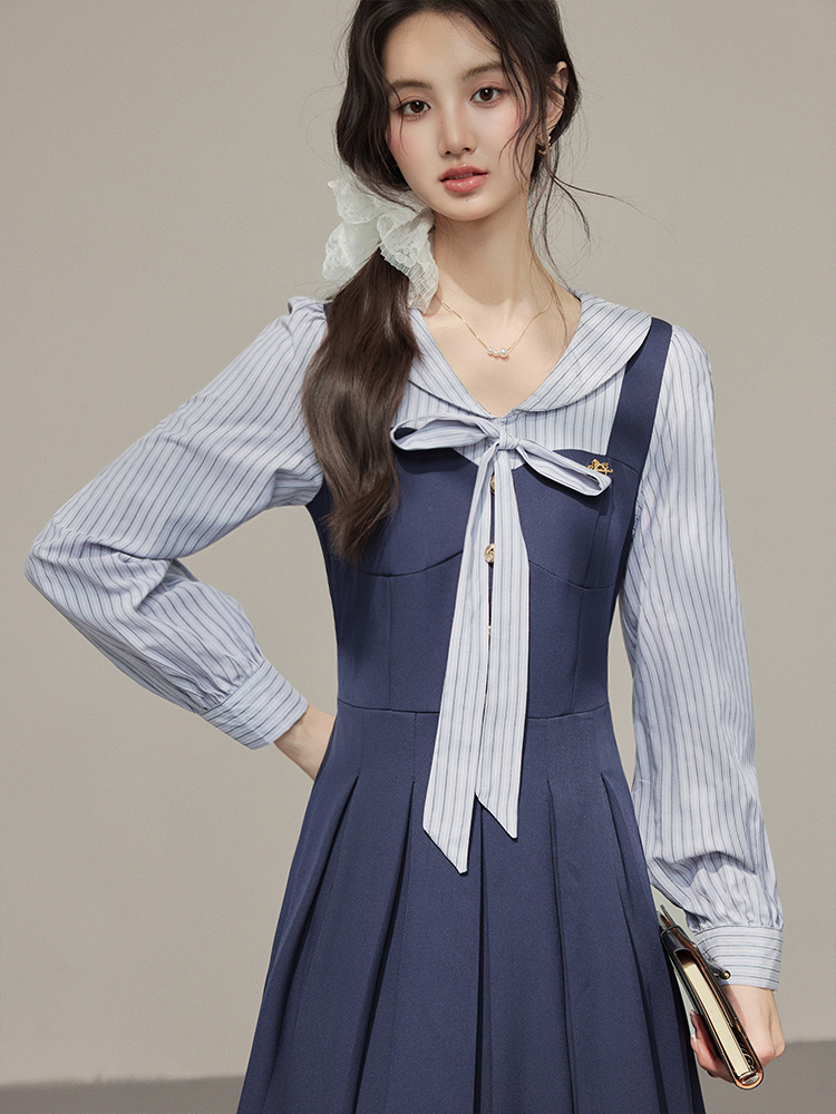 2026 Fall Preppy Bow Faux Two-Piece Shirt Dress for Women - Image 4