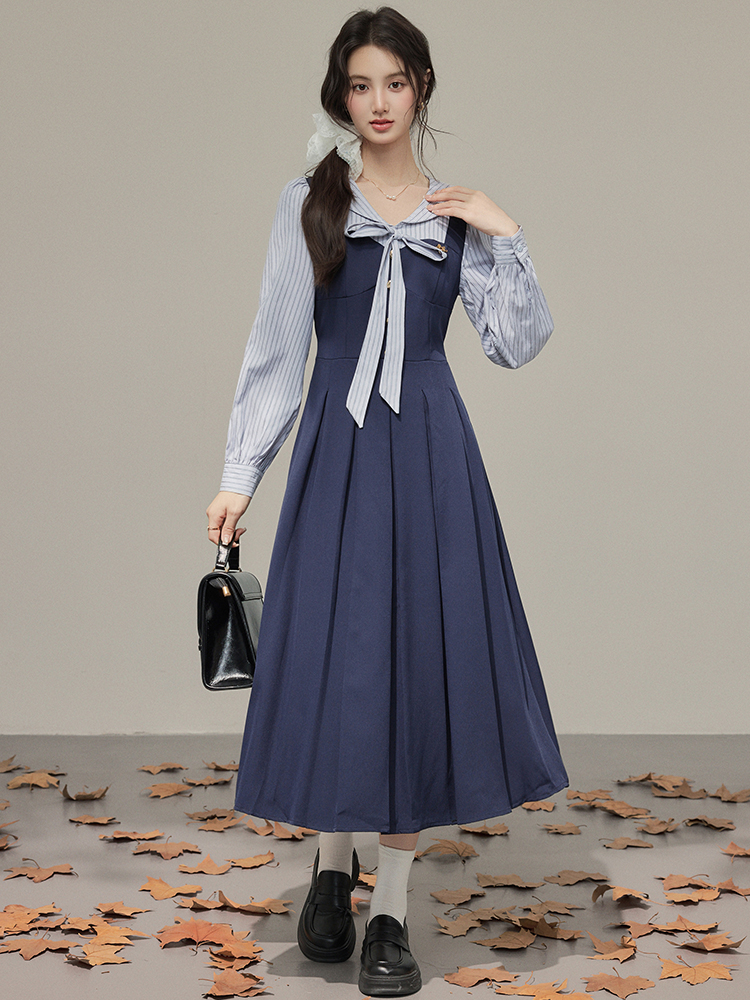 2026 Fall Preppy Bow Faux Two-Piece Shirt Dress for Women - Image 3