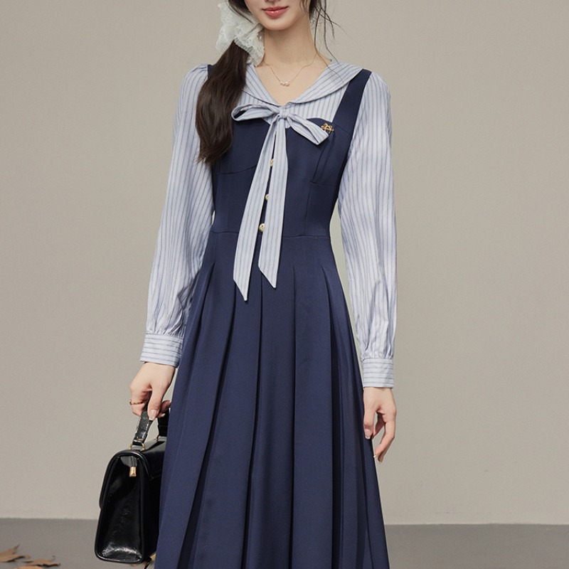 2026 Fall Preppy Bow Faux Two-Piece Shirt Dress for Women - Image 5