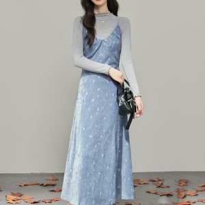 Women's Retro Floral Two-Piece Dress Set with Pinafore Dress and Long Sleeve Top