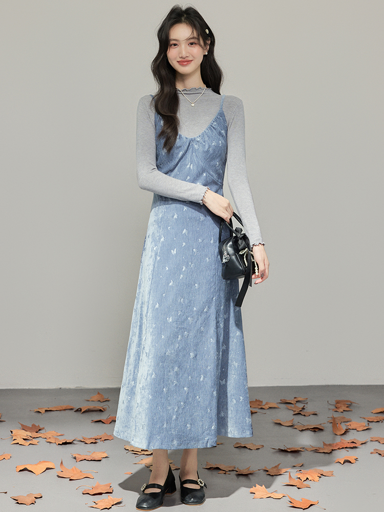 Women's Retro Floral Two-Piece Dress Set with Pinafore Dress and Long Sleeve Top