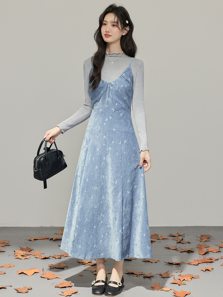 Women's Retro Floral Two-Piece Dress Set with Pinafore Dress and Long Sleeve Top - Image 2