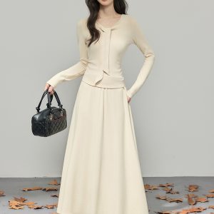Lazy Style Long Sleeve Knit Two-Piece Set for Women Autumn Winter New Ribbon Knit T-Shirt Midi Skirt Waist-Cinching Slimming Two-Piece Outfit
