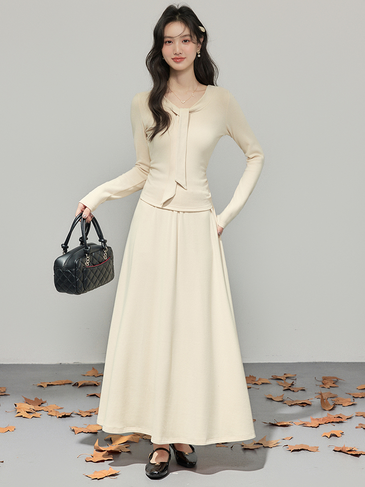 Lazy Style Long Sleeve Knit Two-Piece Set for Women Autumn Winter New Ribbon Knit T-Shirt Midi Skirt Waist-Cinching Slimming Two-Piece Outfit
