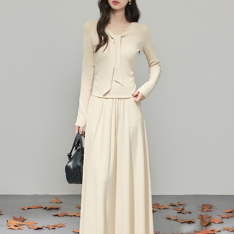 Lazy Style Long Sleeve Knit Two-Piece Set for Women Autumn Winter New Ribbon Knit T-Shirt Midi Skirt Waist-Cinching Slimming Two-Piece Outfit - Image 5