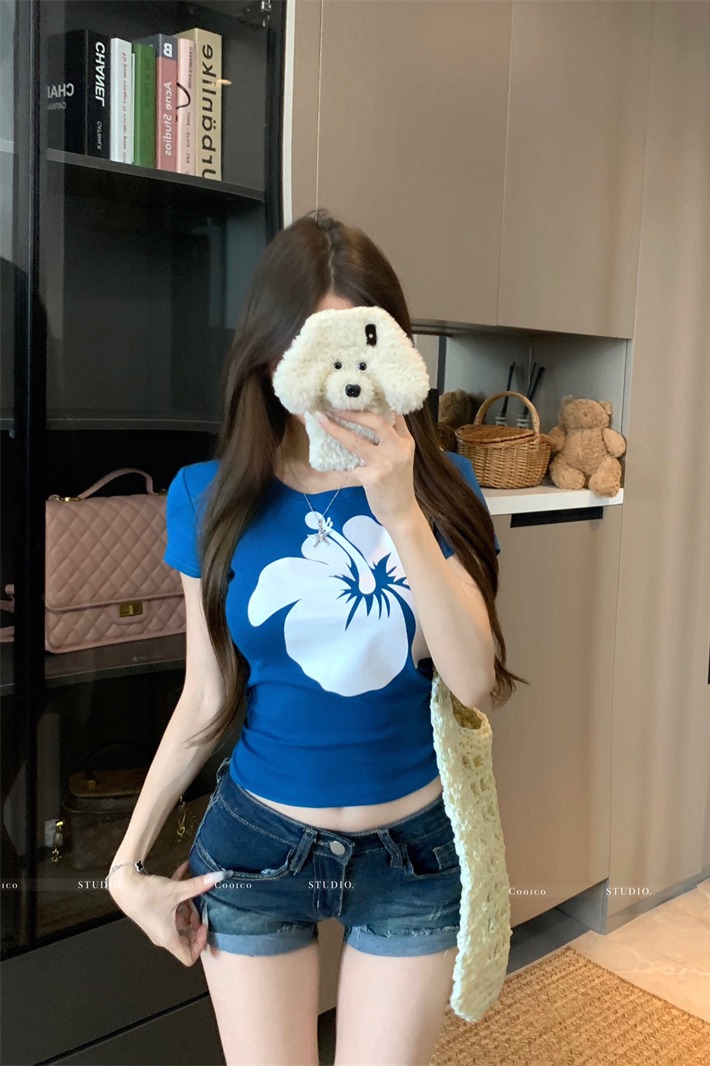Women's Summer Printed Short Sleeve Color Block Slim Cropped T-Shirt - Image 5