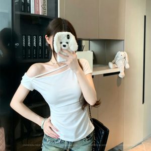 Women's One-Shoulder Ruched Waist Slit Short Sleeve T-Shirt Summer Slim Fit