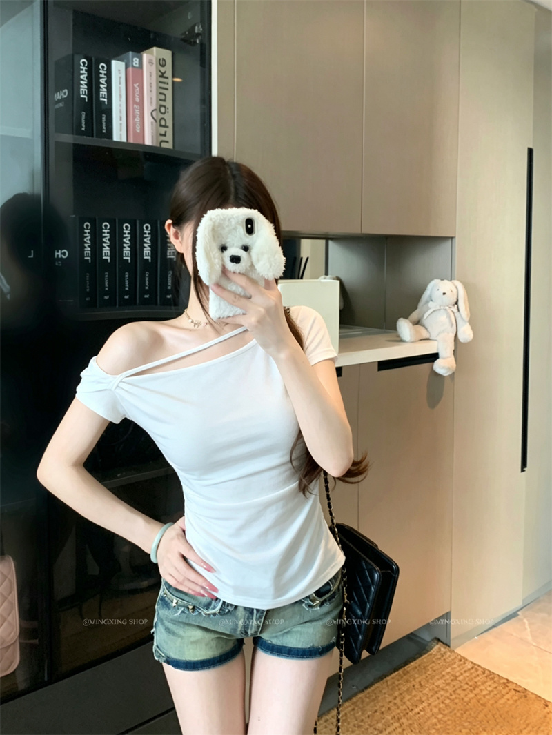 Women's One-Shoulder Ruched Waist Slit Short Sleeve T-Shirt Summer Slim Fit