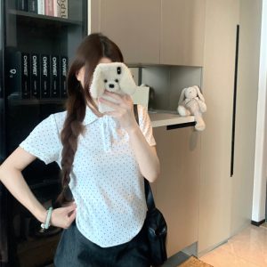 Korean Sweet Doll Collar Polo T-Shirt for Women Summer Polka Dot Star Button Short Sleeve Top