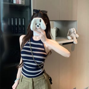 Women's Colorblock Striped Knit Halter Tank Top Slimming Cropped Summer Camisole