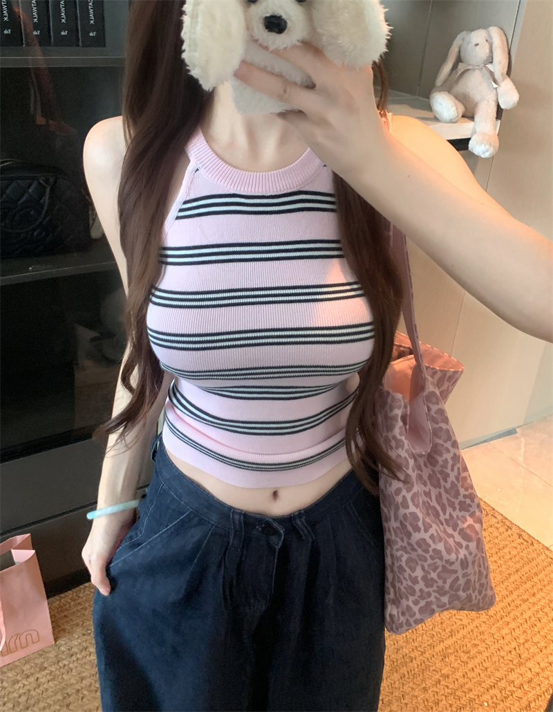 Women's Colorblock Striped Knit Halter Tank Top Slimming Cropped Summer Camisole - Image 2
