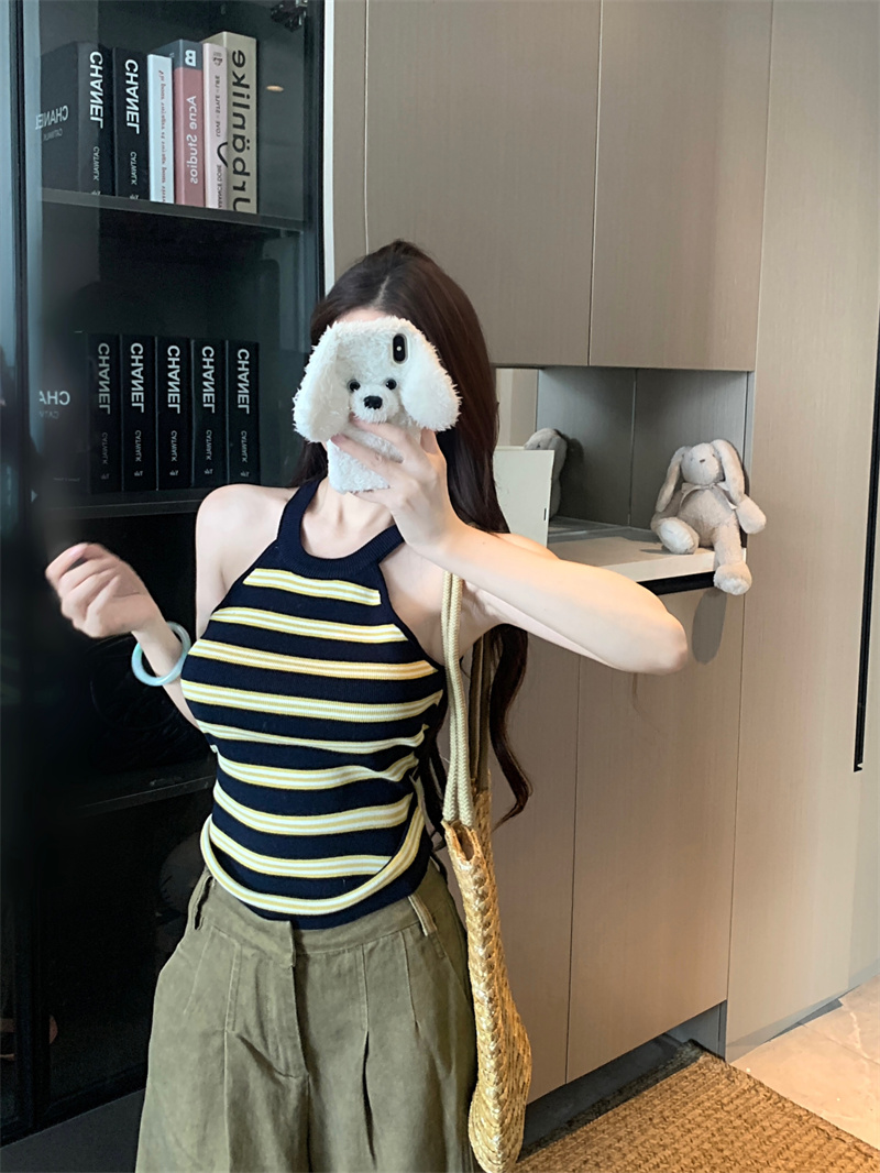 Women's Colorblock Striped Knit Halter Tank Top Slimming Cropped Summer Camisole - Image 3