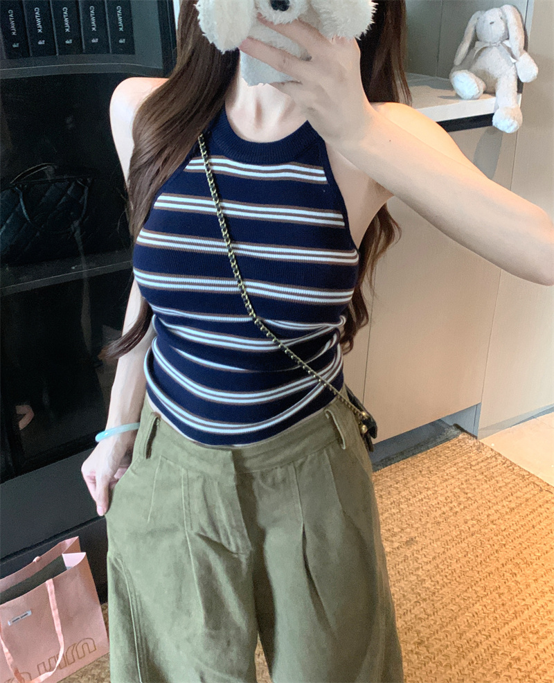 Women's Colorblock Striped Knit Halter Tank Top Slimming Cropped Summer Camisole - Image 4