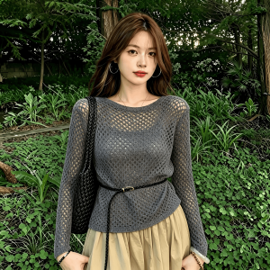 2026 Summer French Lazy Sun Protection Cover-Up Women with Belt Loose Slimming Hollow Knit Outer Top