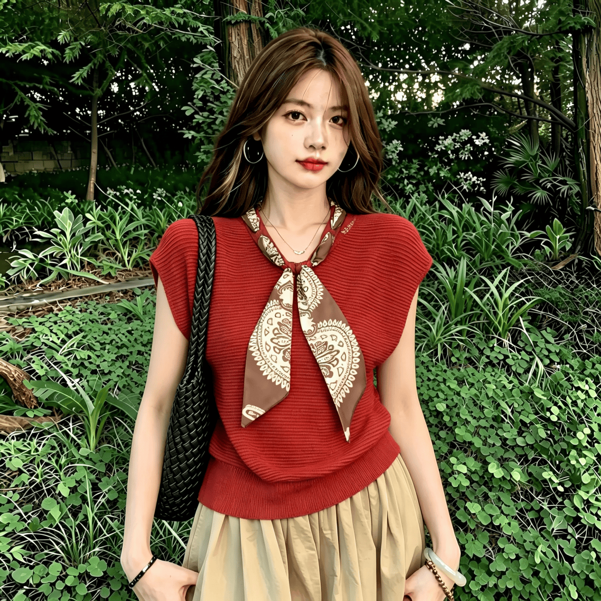 Women's Red Knit V-Neck Sleeveless Vest Summer Old Money Style Loose Slimming Top