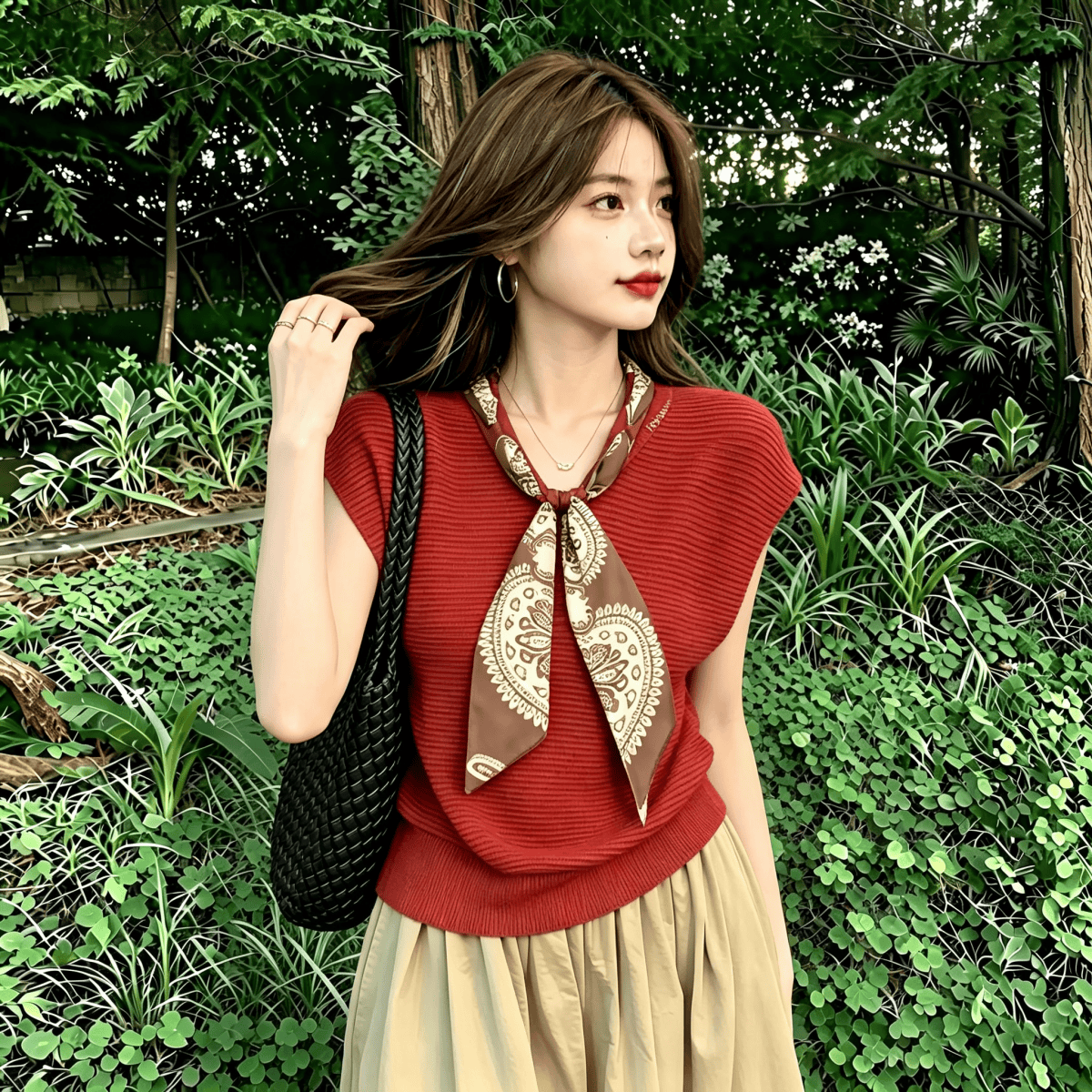 Women's Red Knit V-Neck Sleeveless Vest Summer Old Money Style Loose Slimming Top - Image 4