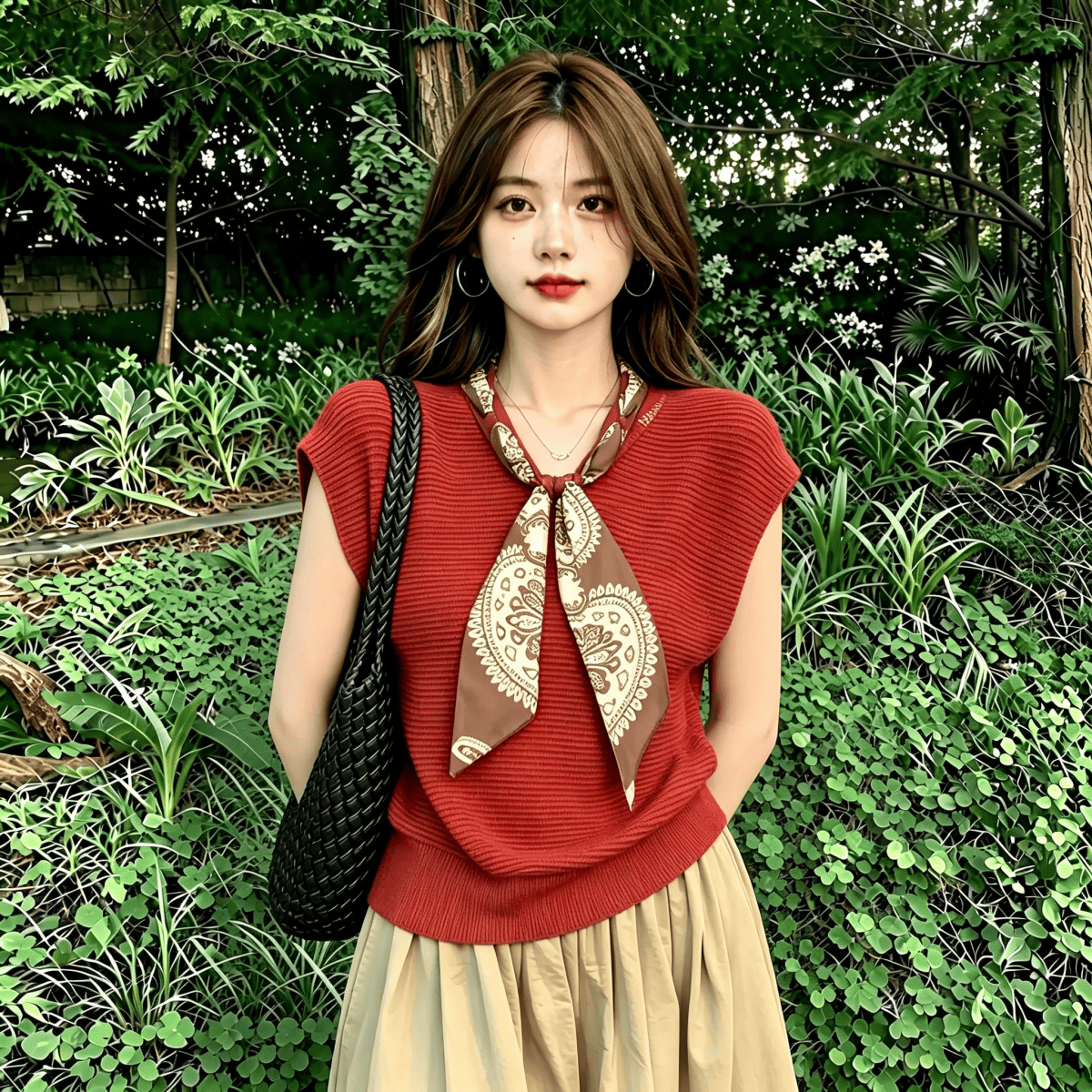 Women's Red Knit V-Neck Sleeveless Vest Summer Old Money Style Loose Slimming Top - Image 3