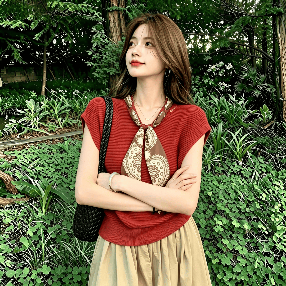 Women's Red Knit V-Neck Sleeveless Vest Summer Old Money Style Loose Slimming Top - Image 5