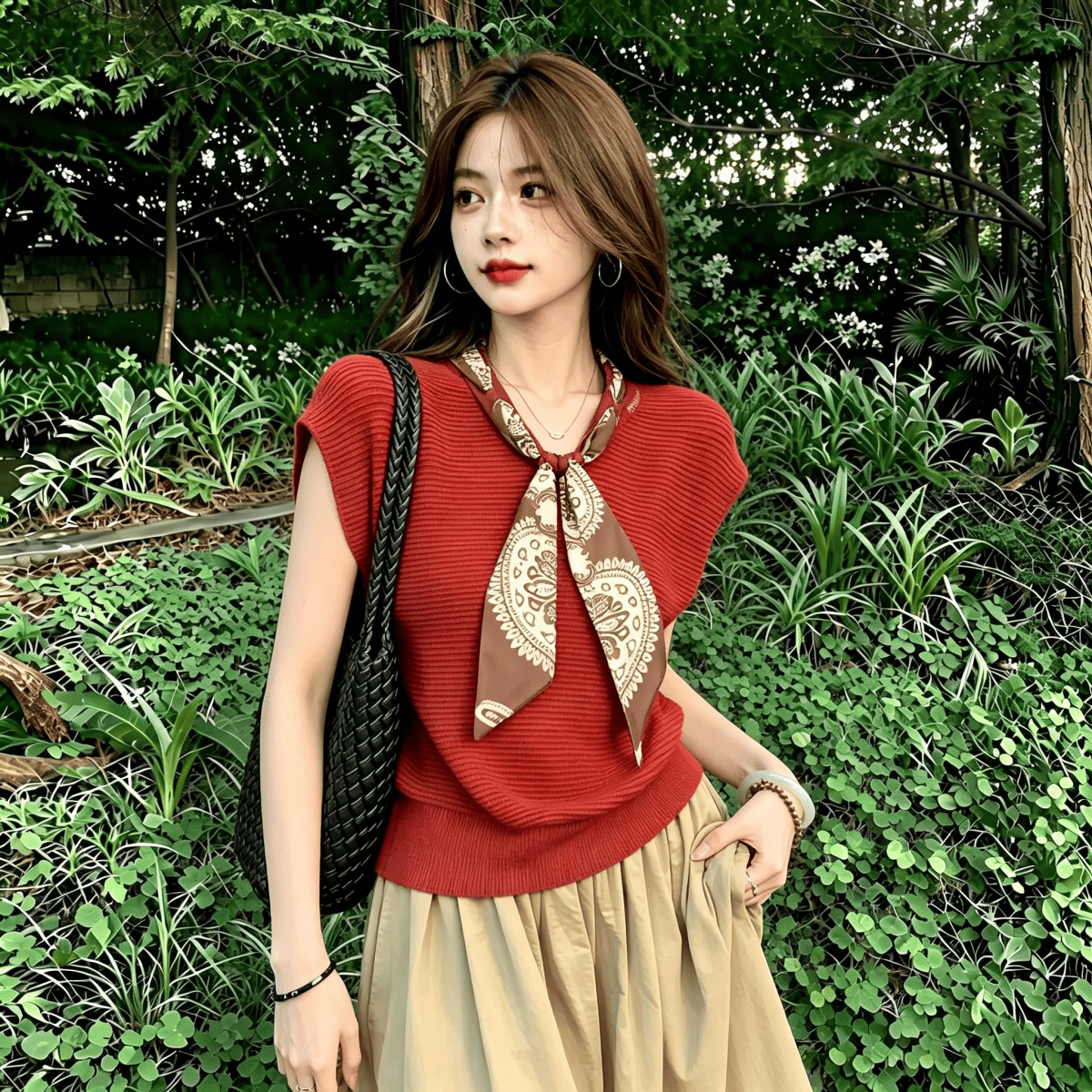 Women's Red Knit V-Neck Sleeveless Vest Summer Old Money Style Loose Slimming Top - Image 2