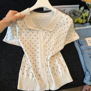 Retro Doll Collar Polka Dot Short Sleeve Knit Top for Women Summer New Slimming Youthful Loose Cardigan