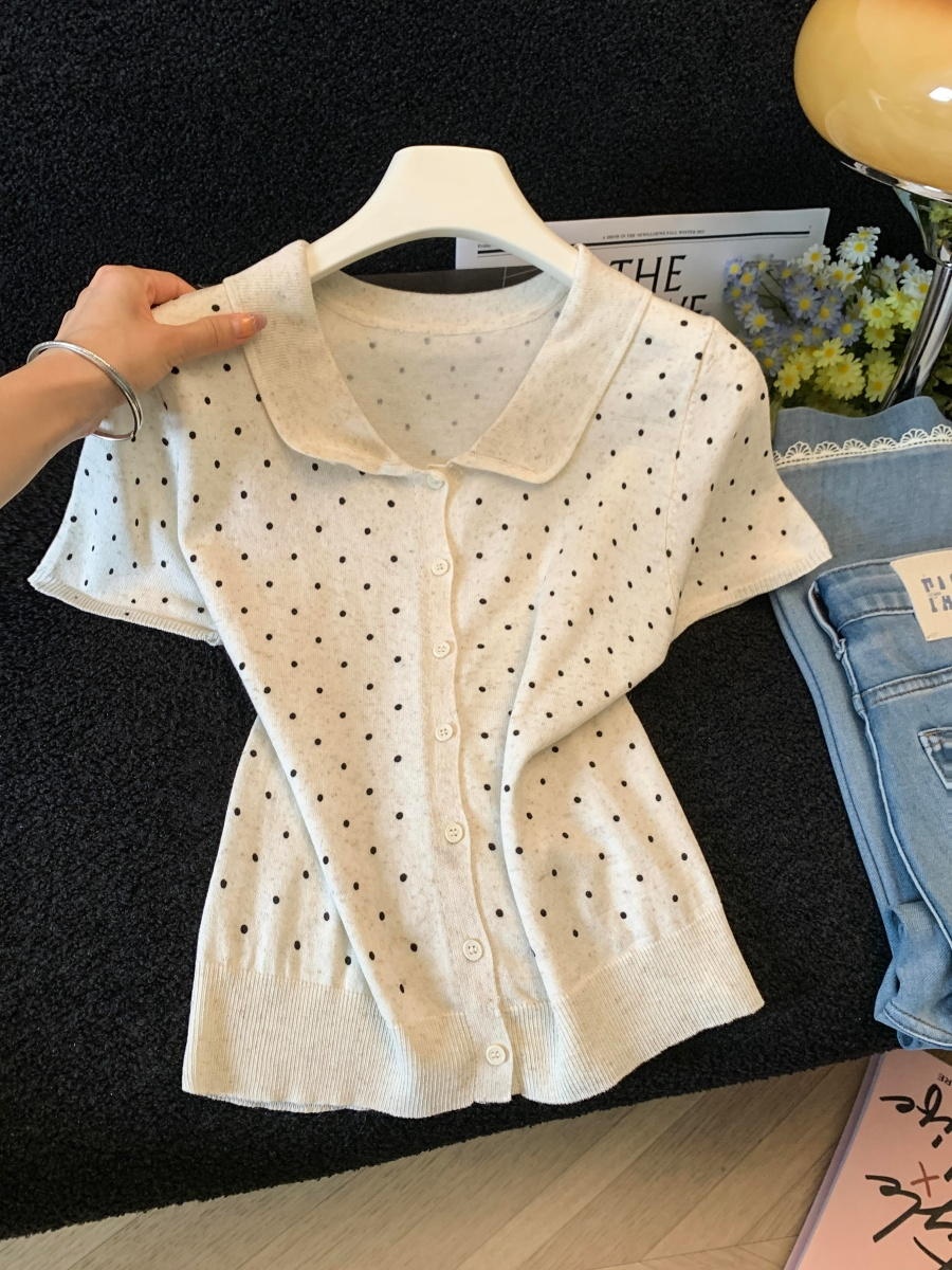 Retro Doll Collar Polka Dot Short Sleeve Knit Top for Women Summer New Slimming Youthful Loose Cardigan