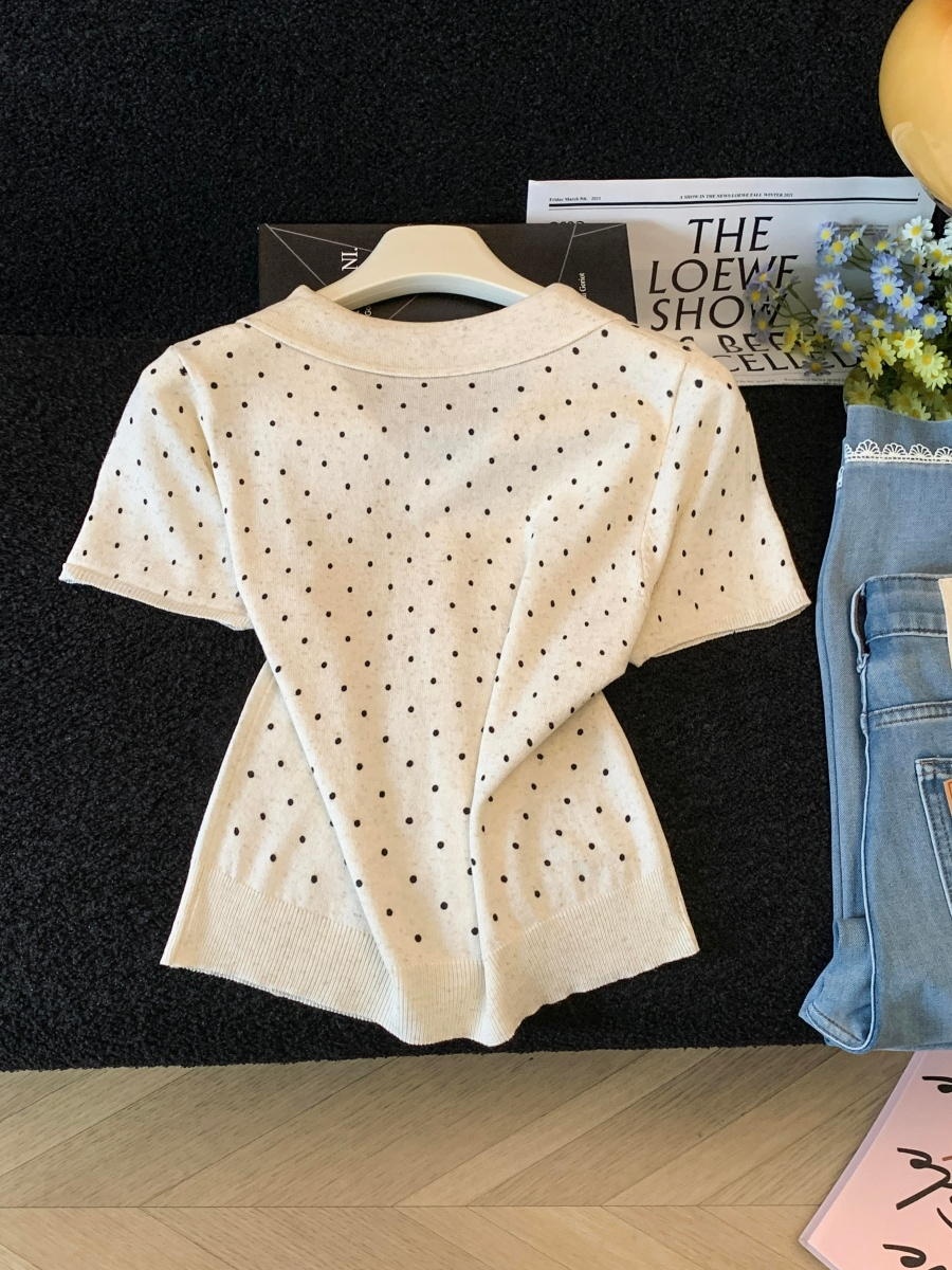 Retro Doll Collar Polka Dot Short Sleeve Knit Top for Women Summer New Slimming Youthful Loose Cardigan - Image 3