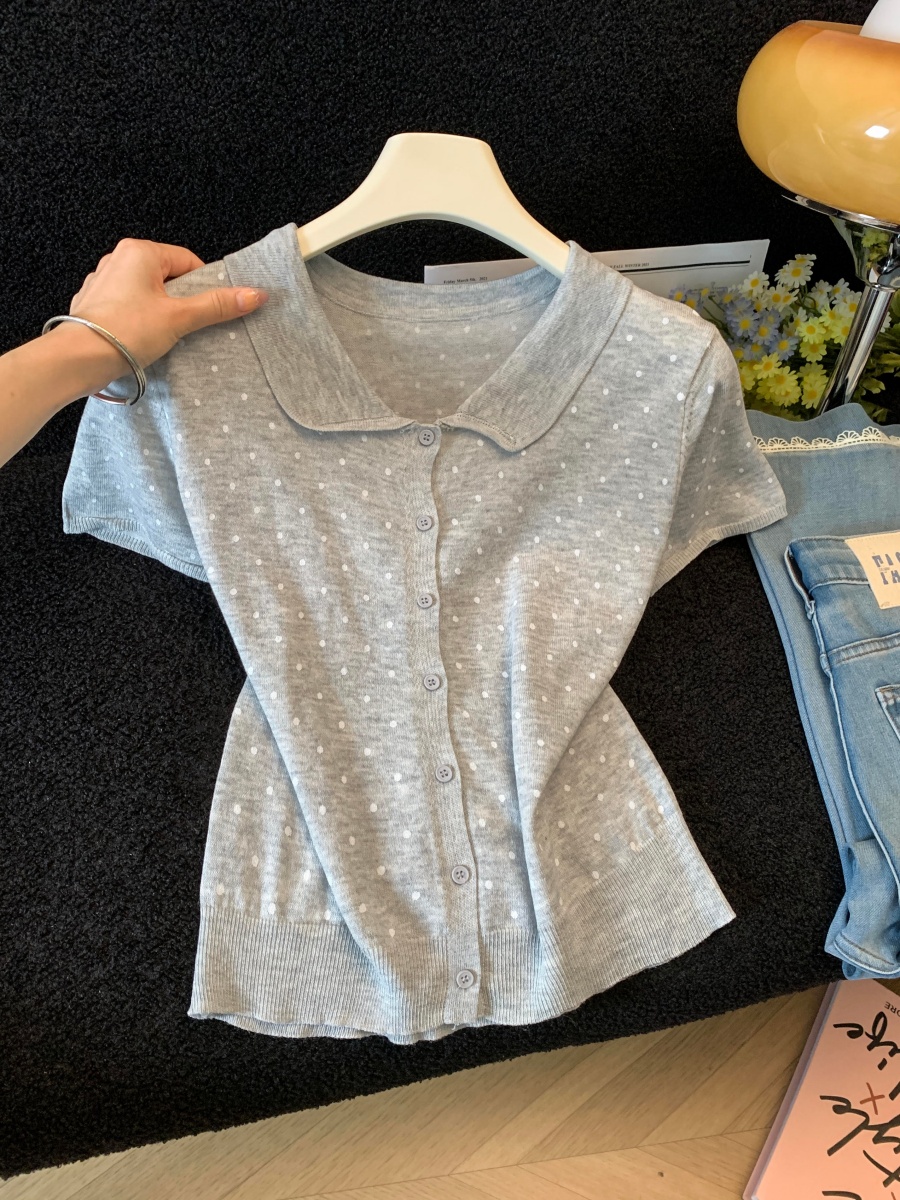 Retro Doll Collar Polka Dot Short Sleeve Knit Top for Women Summer New Slimming Youthful Loose Cardigan - Image 2