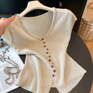 Women's V-Neck Rhinestone Knit Cardigan Short Sleeve Top Summer 2026